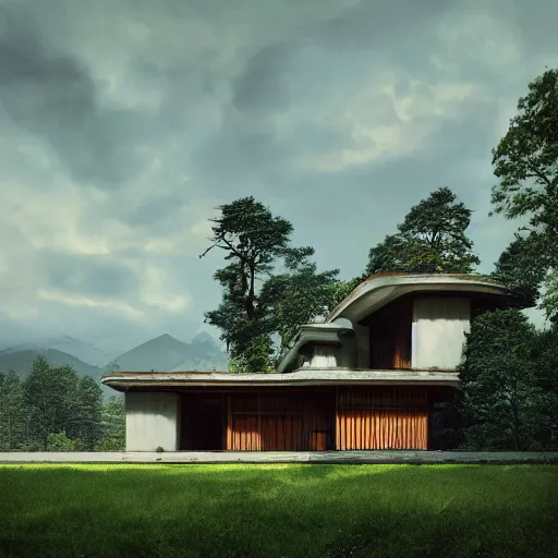 Prompt: modernist house inspired by a tibetan palace, open field, big trees, clouds, dramatic lighting, artstation, matte painting, raphael lacoste, simon stalenhag, frank lloyd wright