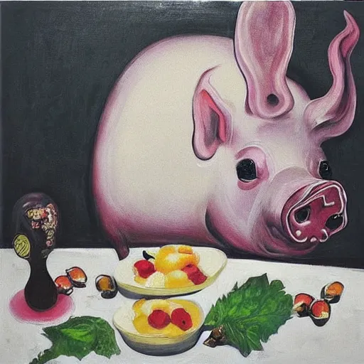 Image similar to “a portrait in an art student’s apartment, pig paintings on the wall, pork, ikebana white flowers, white wax, squashed berries, acrylic and spray paint and oilstick on canvas, by munch and Dali”