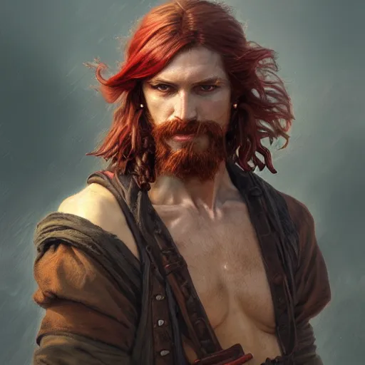 Image similar to portrait of a young rugged pirate, male, masculine, upper body, red hair, long hair, D&D, fantasy, intricate, elegant, highly detailed, digital painting, artstation, concept art, matte, sharp focus, illustration, art by Artgerm and Greg Rutkowski and Alphonse Mucha