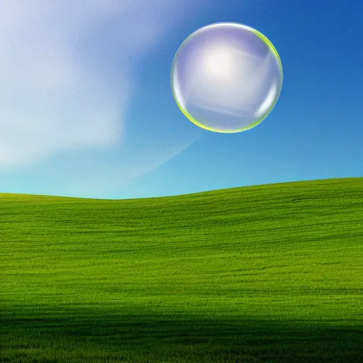 Image similar to A photograph of the Windows XP Bliss wallpaper inside of a giant floating soap bubble, floating in a blue and cloudy sky.