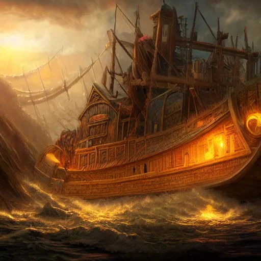 Image similar to noah's ark, centered in picture, epic fantasy, detailed, intricate, digital painting, concept art, realistic, smooth, focus, rim light