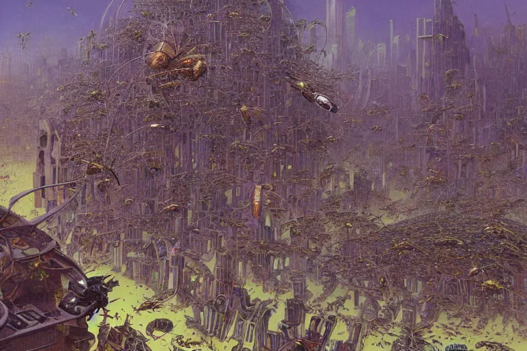 Image similar to oil painting, super - detailed scene of a swarm of insects overtaking a futuristic city, entomology, japanese sci - fi books art, artwork by jean giraud and zdzislaw beksinski and alphonse mucha and hr giger, hd, 4 k, high quality