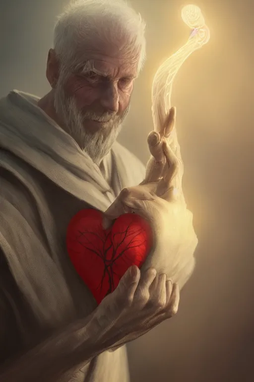 Image similar to a digital painting of a wizard man holding between his hands an anatomical realistic human heart, by netter, style from greg rutkowski, full frame, rendered in octane, 3d, artstation