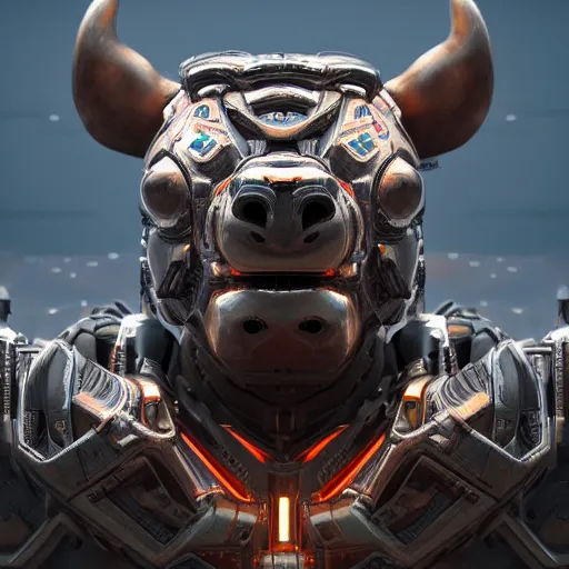 Image similar to a cyborg ( bull ) modeled after a bull looking into the camera, android, cyborg, half body, intricate, 3 d, hyper realism, fantasy, depth of field, octane render, symmetrical, highly detailed, digital art, artstation, concept art, cinematic lighting, trending