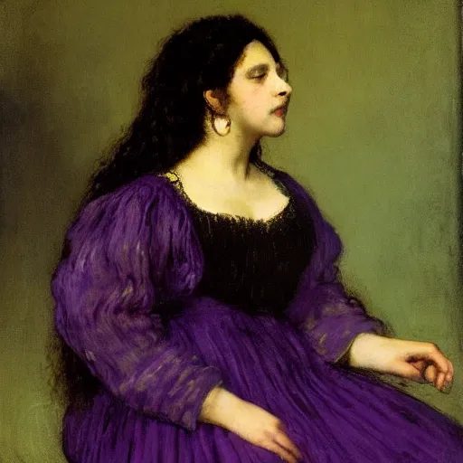 Image similar to portrait of a purple witch with golden embroidery, by gustave courbet.