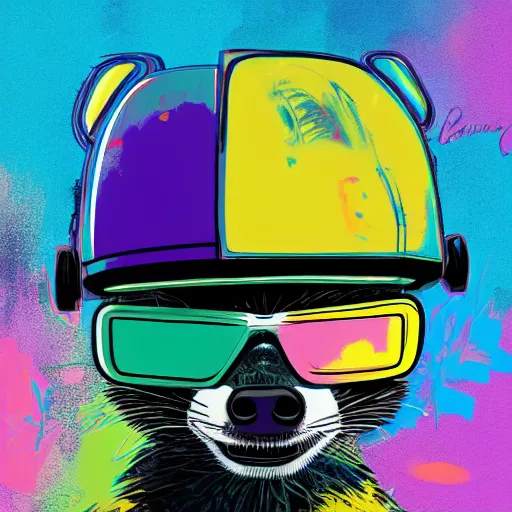Image similar to illustration of cyberpunk raccoon in vr helmet, colorful splatters, by andy warhol and by zac retz and by kezie demessance