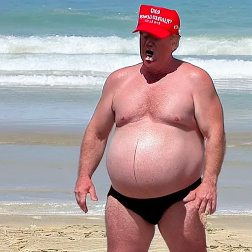 Prompt: Donald trump showing off his pregnant belly at the beach, he is wearing a Speedo and does not have a shirt on, he is screaming at the camera