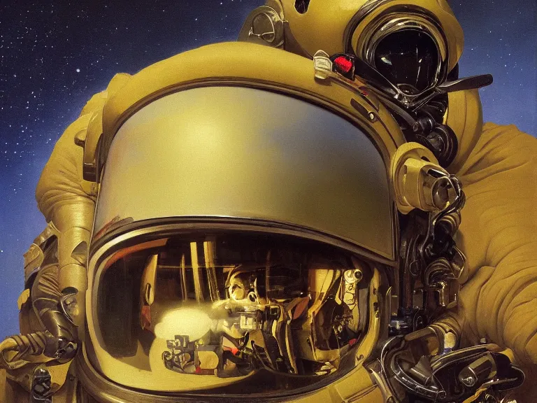 Image similar to a detailed profile oil painting of pilot in a spacesuit with reflective visor, flight suit, portrait symmetrical and science fiction theme with aurora lighting by beksinski carl spitzweg and tuomas korpi. baroque elements, full-length view. baroque element. intricate artwork by caravaggio. Trending on artstation. 8k