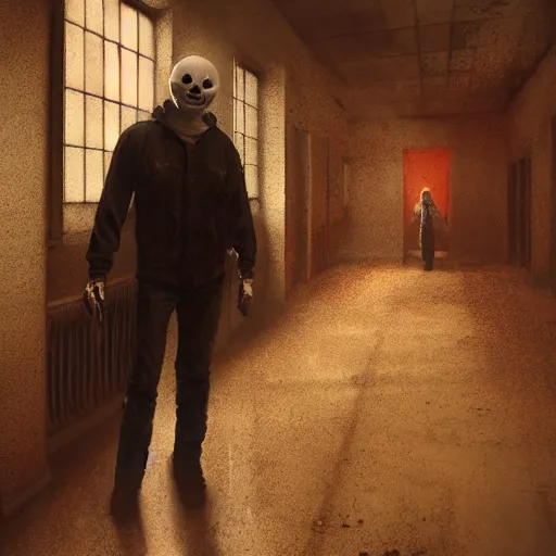 Image similar to michael meyers in a hallway of an abandoned asylum, au naturel, hyper detailed, digital art, trending in artstation, cinematic lighting, studio quality, smooth render, unreal engine 5 rendered, octane rendered, art style by klimt and nixeu and ian sprigger and wlop and krenz cushart