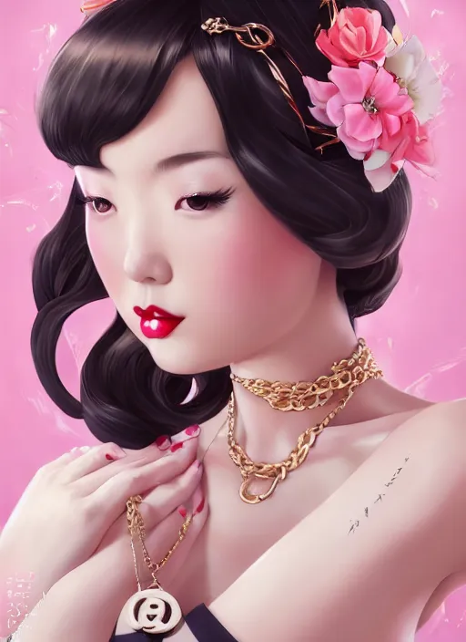 Image similar to a pin up and beautiful fashion dreamlke japan girl with lv jewelry, character art, art by artgerm, wlop, loish, hyperdetailed, 8 k realistic, symmetrical, global illumination, radiant light, frostbite 3 engine, cryengine, dof, trending on artstation, digital art, chanel, dior, detailed background