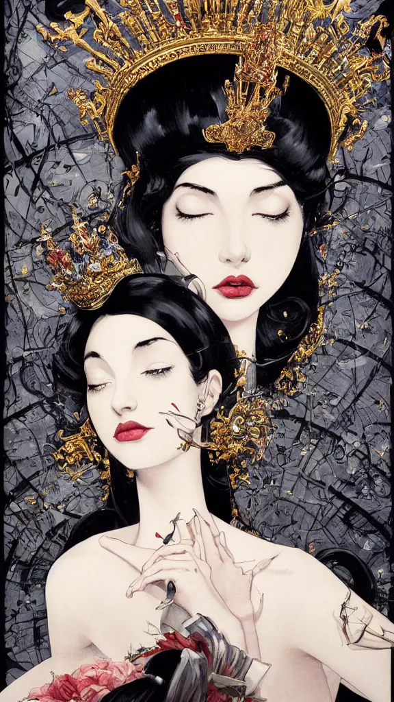 Image similar to a beautiful black haired woman with pale skin and a crown on her head sitted on an intricate metal throne new york circa 1 9 8 4 edward hopper and james gilleard, surreal, open ceiling, highly detailed, airbrush, ilya kuvshinov, wlop, stanley artgerm, very coherent, art by takato yamamoto and james jean