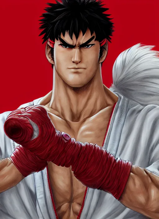 Prompt: detailed portrait ryu from capcom street fighter 3, street fighter, capcom, japanise town behind, barefoot, white gi, red bandana, by yusuke murata and eisuke ogura and naoto kuroshima, artstation, highly - detailed, cgsociety, 8 k, hd, pixiv, pencil and ink, dark colors, intricate details