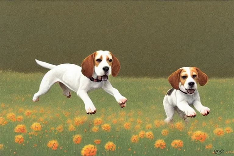 Image similar to white and brown beagle dog playing in a flowery field by Quint Buchholz