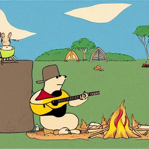 Image similar to capybaras camping on the seaside and one is playing guitar around the fire by yuga labs and by pendleton ward