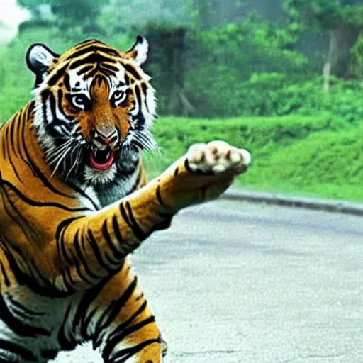 Prompt: man throws a tiger, still from bollywood film