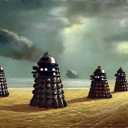 Prompt: Daleks storming Normandy beach, concept art, cinematic