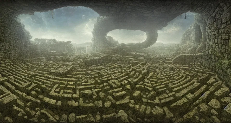 Prompt: ancient greek overgrown labyrinthwith an gigantic ancient altar in the center, by beksinski, rutkovski, bosch, retro fantasy movie, highly detailed, photorealistic, illustration, matte painting, 8 k