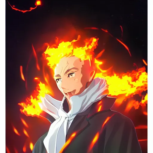 Image similar to portrait of oppenheimer wielding the nuclear flames, anime fantasy illustration by tomoyuki yamasaki, kyoto studio, madhouse, ufotable, trending on artstation