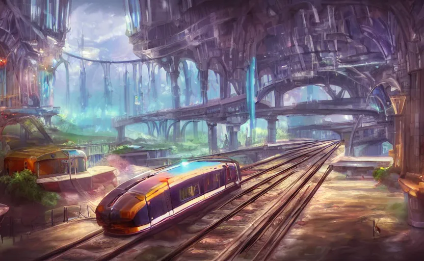 Image similar to An urban train rides inside of a waterway on a fantasy city. Fantasy and concept art, colorful digital painting, unreal engine.