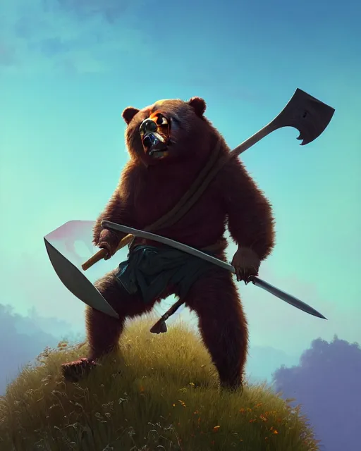 Image similar to highly detailed surreal vfx portrait of a ninja bear holding an axe, stephen bliss, unreal engine, greg rutkowski, loish, rhads, beeple, makoto shinkai and lois van baarle, ilya kuvshinov, rossdraws, tom bagshaw, alphonse mucha, global illumination, detailed and intricate environment