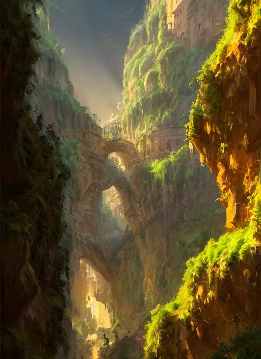 Image similar to medieval city built on terraces in a gigantic canyon, lots of buildings connected by hanging bridges, waterfalls, glow coming from amber veins in the ground, lush vegetation, pitchblack sky, extremly detailed digital painting, in the style andreas rocha and greg rutkowski, rim light, beautiful lighting, 8 k, stunning scene, octane, trending on artstation