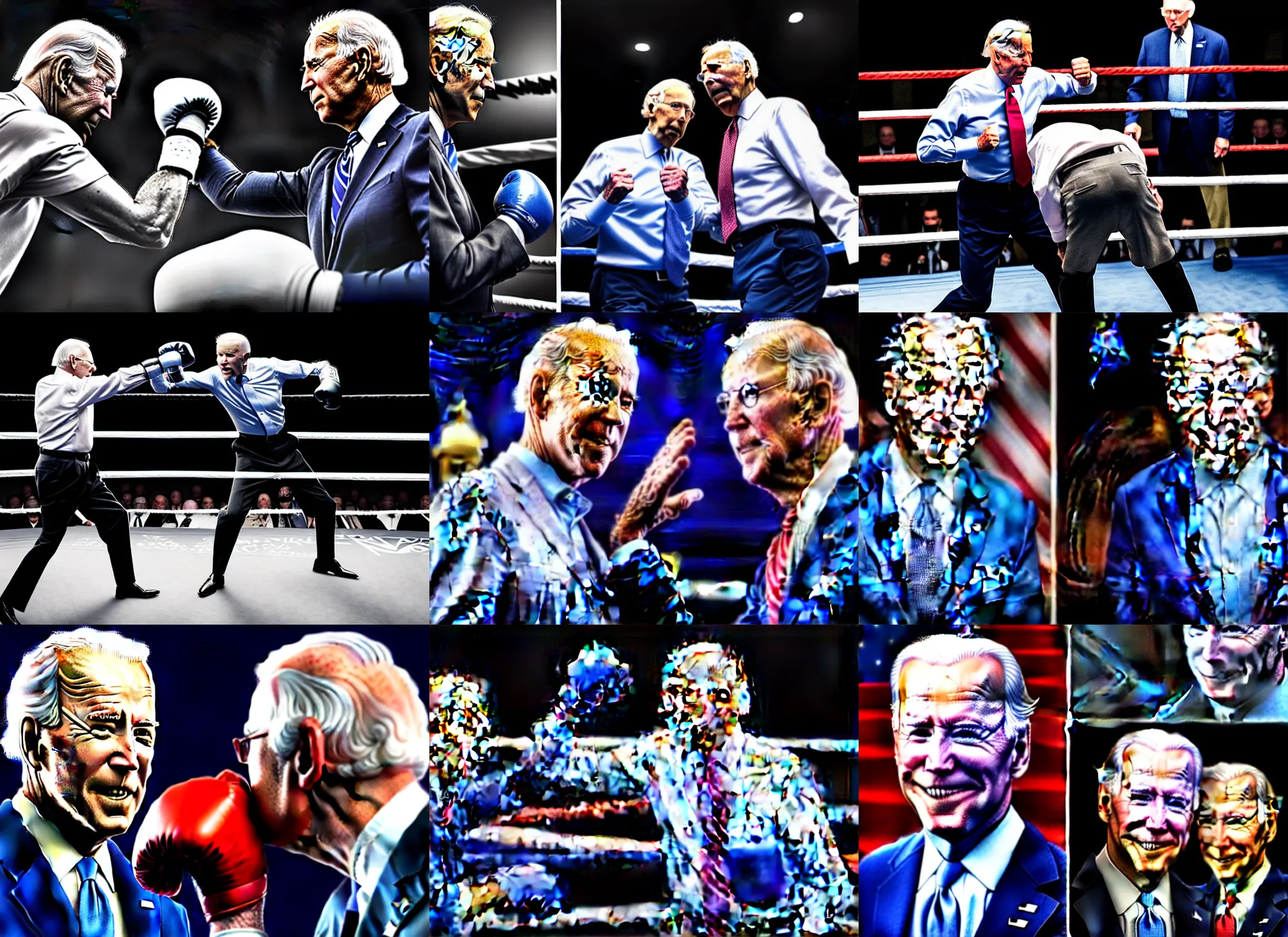 Prompt: portrait photo of joe biden in a boxing match with a bloody mitch mcconnell on the steps to the capitol, dim studio lighting, ( ( photograph ) ), moody, realistic, detailed, low light, skin tinted a warm tone, light blue filter