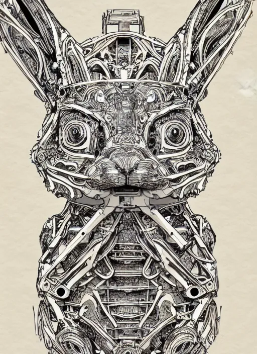 Image similar to full page scan of detailed concept art of very technical and detailed blueprint of a rabbit wood robot, intricate details, ultra - detailed, baroque style, illustration, desaturated, concept art, ornate symbolic border