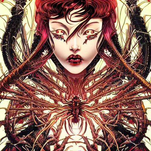 Image similar to portrait of crazy spider girl, symmetrical, by yoichi hatakenaka, masamune shirow, josan gonzales and dan mumford, ayami kojima, takato yamamoto, barclay shaw, karol bak, yukito kishiro