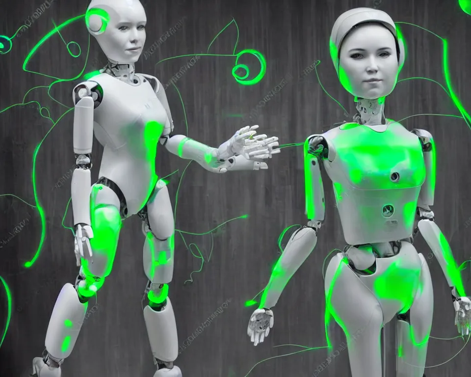 Image similar to posterior of a realistic humanoid female robot surrounded by green gas,