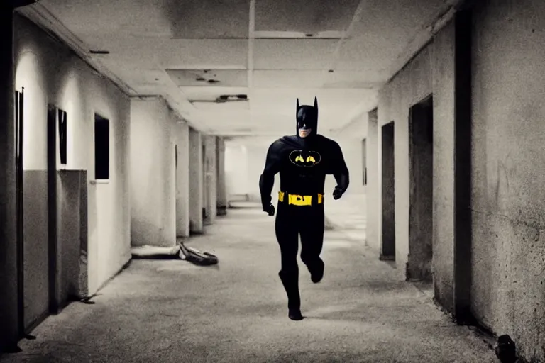 Image similar to batman wearing pink apron wielding an axe, chasing through old brown decrepit hallway, running toward camera, creepy smile, atmospheric eerie lighting, dim lighting, bodycam footage, motion blur, photograph