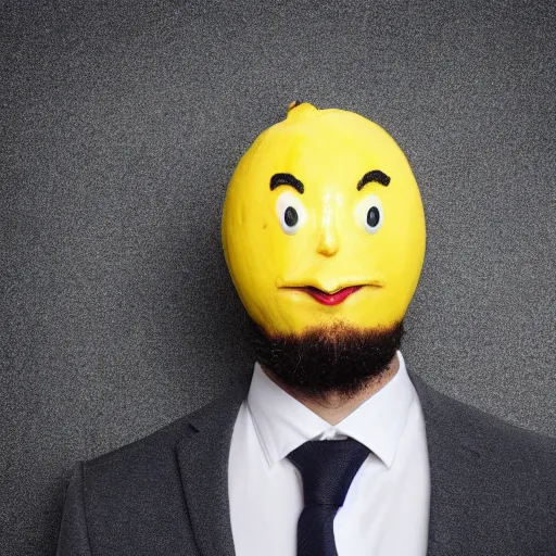 Image similar to a man wearing a suit lemon head