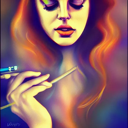 Image similar to psychedelic portrait of lana del rey smoking, diffuse lighting, fantasy, intricate, elegant, highly detailed, lifelike, photorealistic, digital painting, artstation, illustration, concept art, smooth, sharp focus