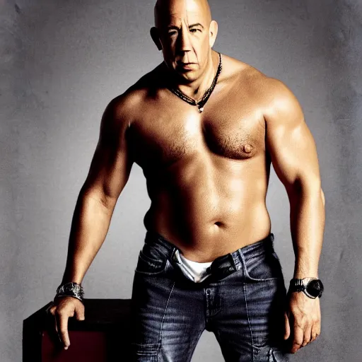 Prompt: Vin Diesel with stainted clothes and a big tummy, grease staints, uncropped, mustache, beard, long hair, greasy hair, Vin Diesel black staints on clothes, greasy staints, Vin Diesel big tummy, tummy, Vin Diesel with a tummy