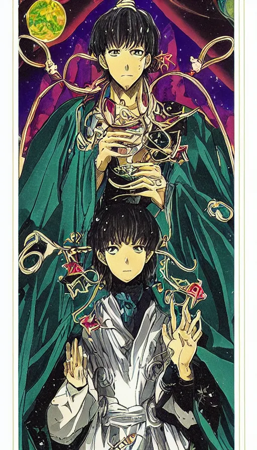 Image similar to anime tarot card based on the card Judgement, drawn by hideaki anno, beautiful lines, cosmic, psychedelic, detailed, clean