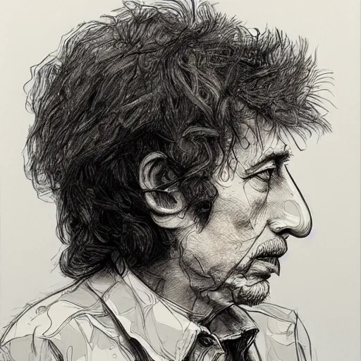 Image similar to a realistic yet scraggly portrait sketch of the side profile of a stern and sophisticated bob dylan, trending on artstation, intricate details, in the style of frank auerbach, in the style of sergio aragones, in the style of martin ansin, in the style of david aja, in the style of mattias adolfsson