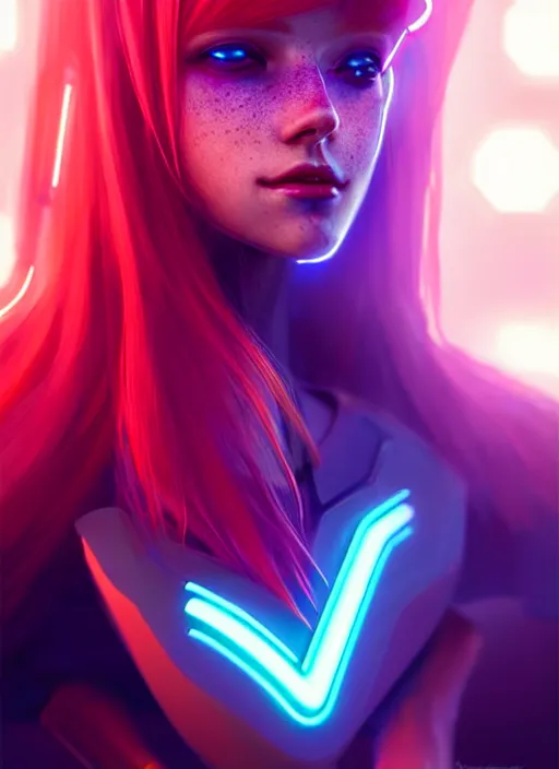 Image similar to an extremely beautiful redhead scandinavian female humanoid with freckled cheeks, cyber neon lighting, by loish, d & d, fantasy, futurism, cyberpunk fashion clothes, elegant profile posing, perfect anatomy, hyper photorealistic, digital photography, artstation, pinterest, concept art, art by pascal blanche and greg rutkowski,