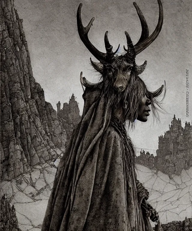 Prompt: A detailed horned antelopewoman stands by the medieval village. Wearing a ripped mantle, robe. Perfect faces, extremely high details, realistic, fantasy art, solo, masterpiece, art by Zdzisław Beksiński, Arthur Rackham, Dariusz Zawadzki