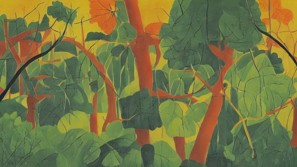 Image similar to abstract primitivism minimalism art painting, lines, forms, shapes, in style of henri rousseau,