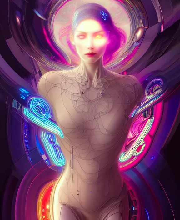 Image similar to a whirlwind of souls rushing inside the metaverse, hologram, half body, neurochip, shaved temple, piercing, jewelry, android, cyborg, cyberpunk face, by loish, d & d, fantasy, intricate, elegant, highly detailed, colorful, digital painting, artstation, concept art, art by artgerm and greg rutkowski and alphonse mucha