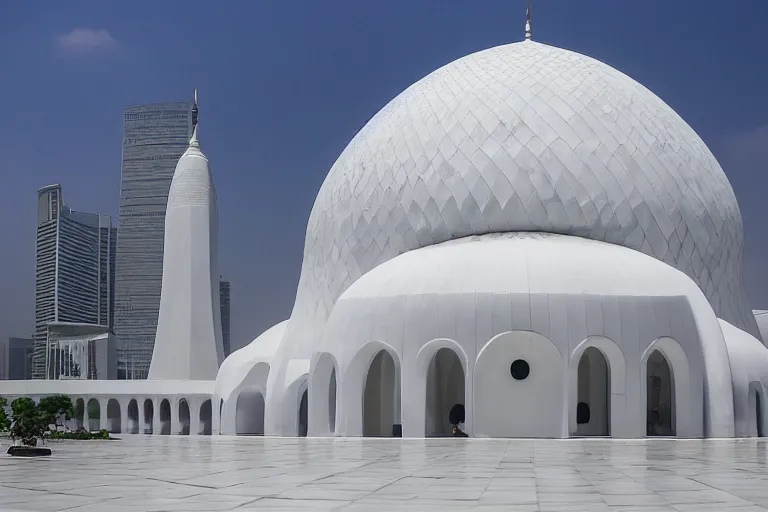 Prompt: istiqlal mosque jakarta, but in setting of an all-white room of cryogenic sleeping pods with glass covers, Alien movie, grainy, bluish and cream tones