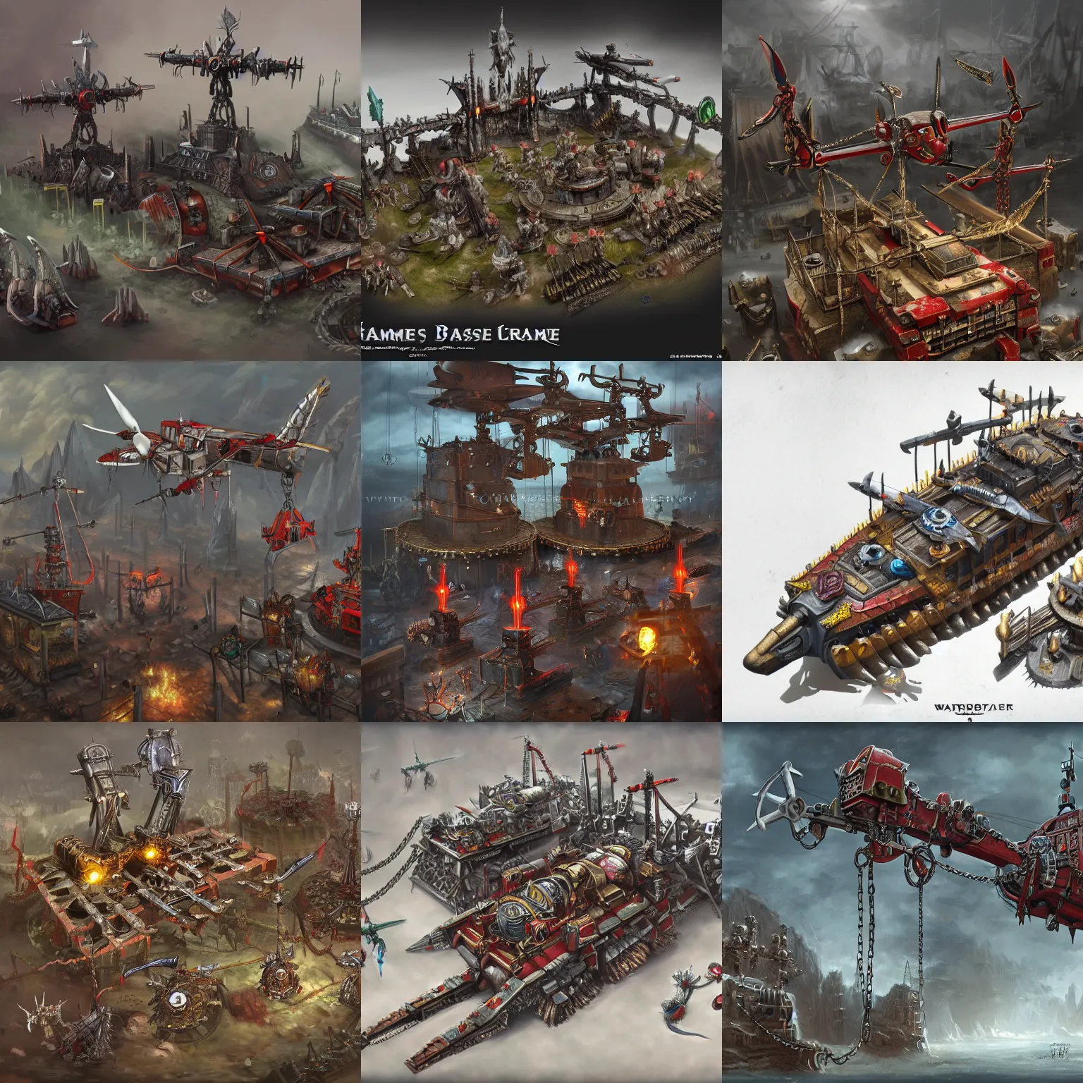 Prompt: warhammer base with propellers, cranes, chains, highly detailed, digital painting, artstation, concept art