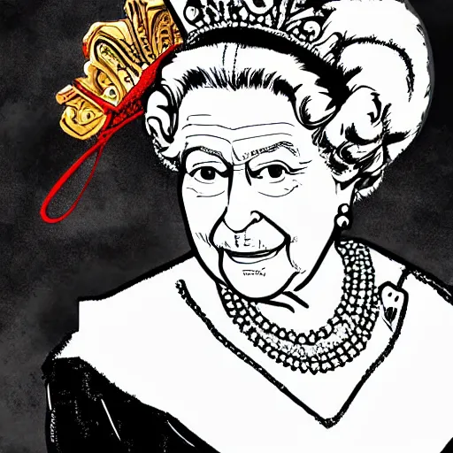 Image similar to The Queen of England Queen Elizabeth the Second in the style of Jojo's Bizarre Adventure, digital art, manga, colorful, intricate