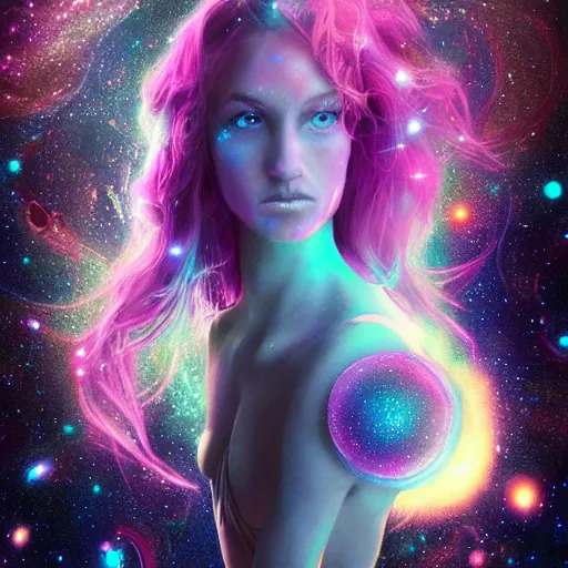 Prompt: portrait of a magical fairy made of galaxies, highly detailed, realistic, octane render, comic book art, space travel, unreal engine, sharp focus, splashes of colors