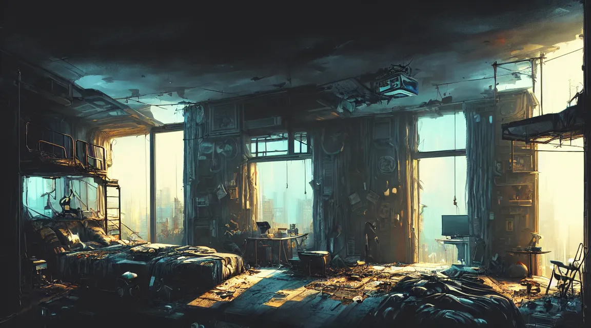 Image similar to post apocalyptic bedroom interior, apartment interior, human silhouettes, furniture, interior decoration, by pascal blanche, neil blevins, trending on artstation, photorealistic, hyper detailed, hyper realistic, cyberpunk