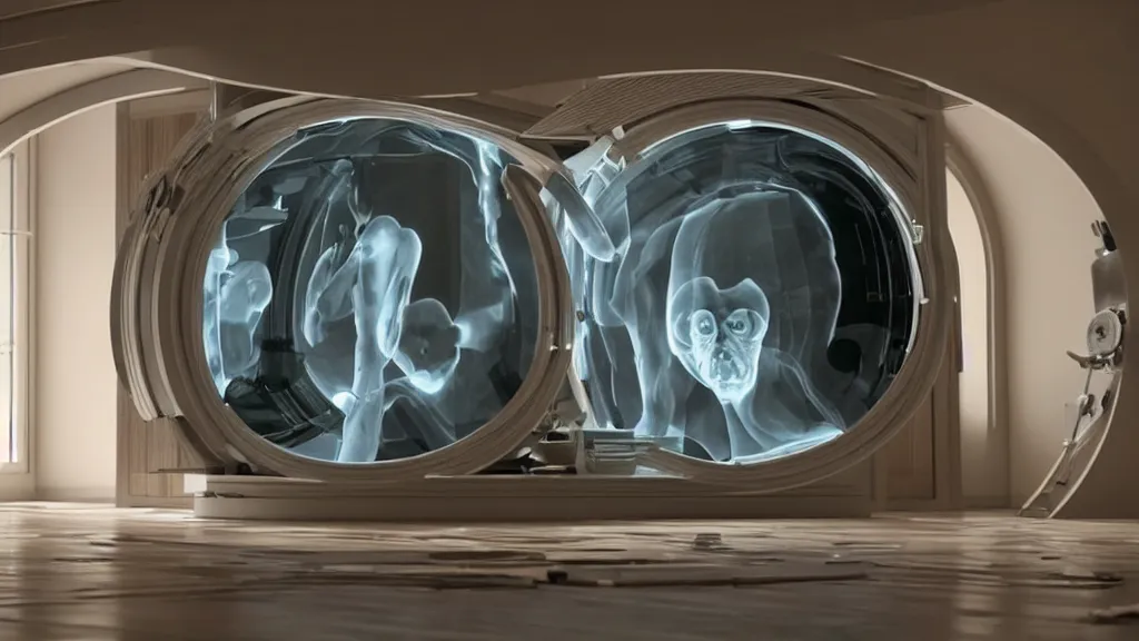 Image similar to an mri image open mri exposed uncovered machine portal in the living room, film still from the movie directed by denis villeneuve with art direction by salvador dali, wide lens