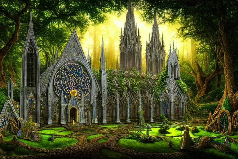 Image similar to a beautiful and highly detailed digital painting of a celtic elven cathedral in a beautiful garden in a mystical forest, intricate celtic patterns, intricate psychedelic details, epic scale, insanely complex, cgsociety, 8 k, sharp focus, hyperrealism, by alex grey, caspar friedrich, albert bierstadt, james gurney, brian froud,