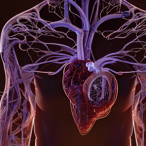 Image similar to a human heart, revealing wires and electronics, arteries, veins, human heart, anatomy, sci - fi, missing panels, intricate abstract upper body intricate artwork, concept art, octane render, deviantart, cinematic, key art, hyperrealism, iridescent accents, portrait photograph, nikon 3 5 mm, parts illustration