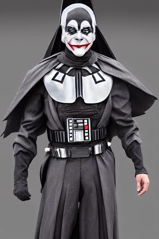 Prompt: real Joker wearing vader's armor suit, cosplay, full character, highly detailed, highly realistic