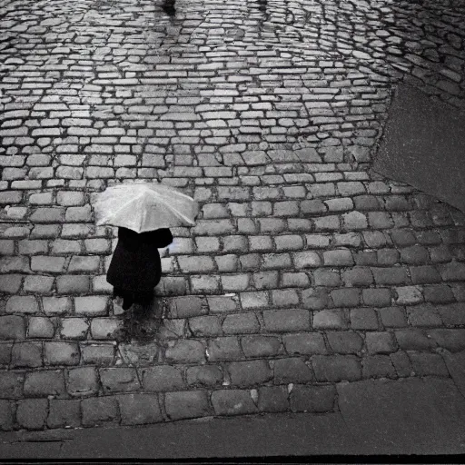 Image similar to fine art photograph of a woman waiting for the rain to stop, rainy flagstone cobblestone street, rule of thirds, sharp focus by henri cartier bresson