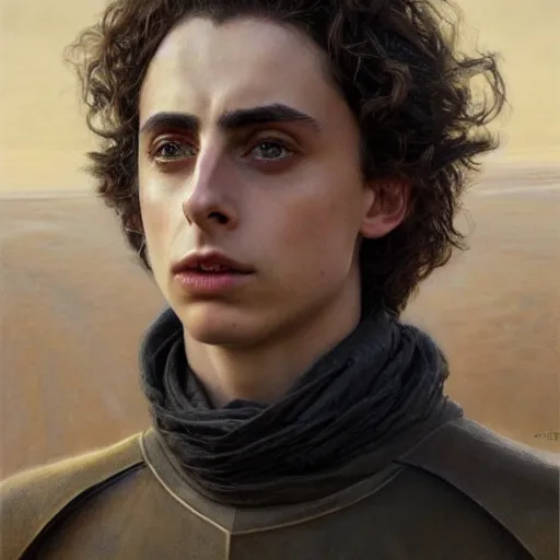 Image similar to timothee chalamet as a character in dune, closeup portrait art by donato giancola and greg rutkowski, realistic face, digital art, trending on artstation, symmetry!!